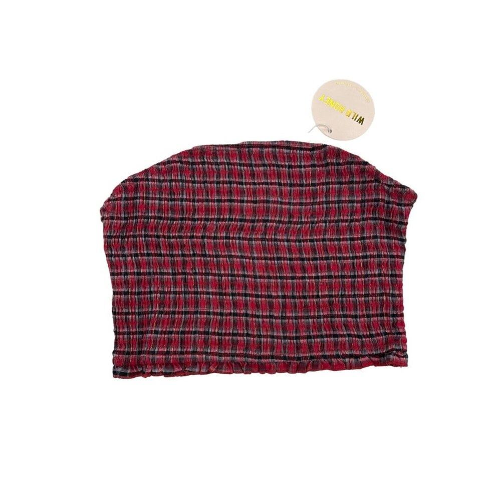 Wild Honey -  Shirred Strapless Check Crop Top in Red & Black